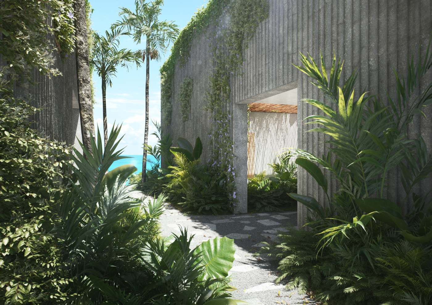 Garden walkway of a villa development in the Dutch Caribbean